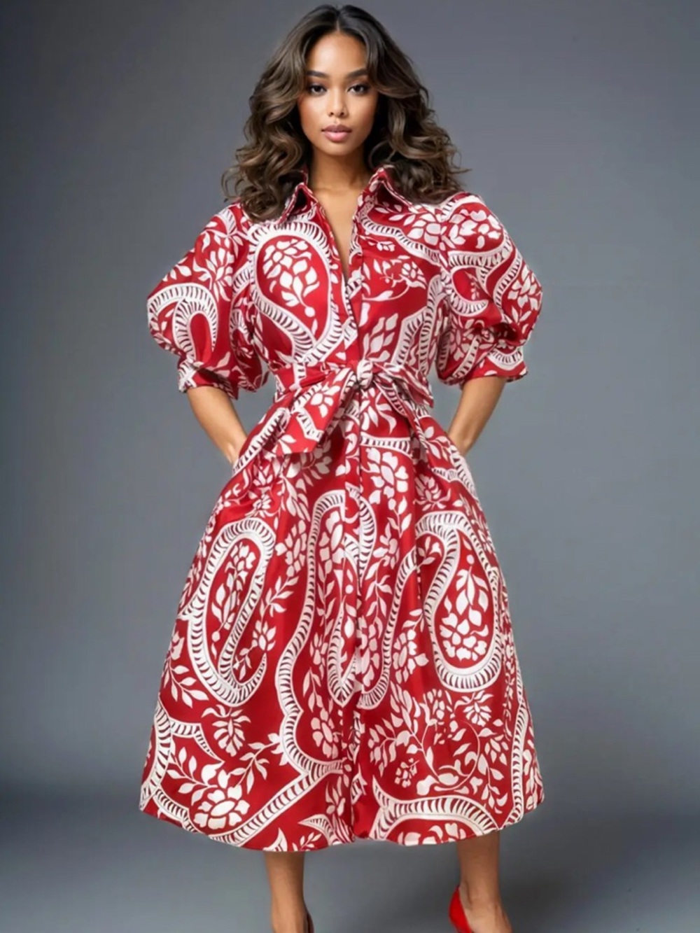Red Printed Puff-Sleeve Midi Dress - Unbranded